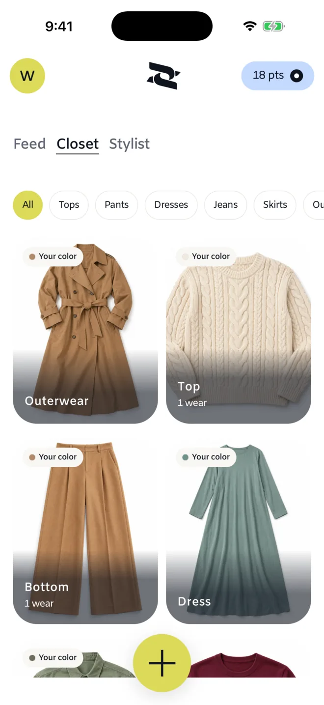 The closet in the app: filter chips over a grid of pieces, some marked Your color.