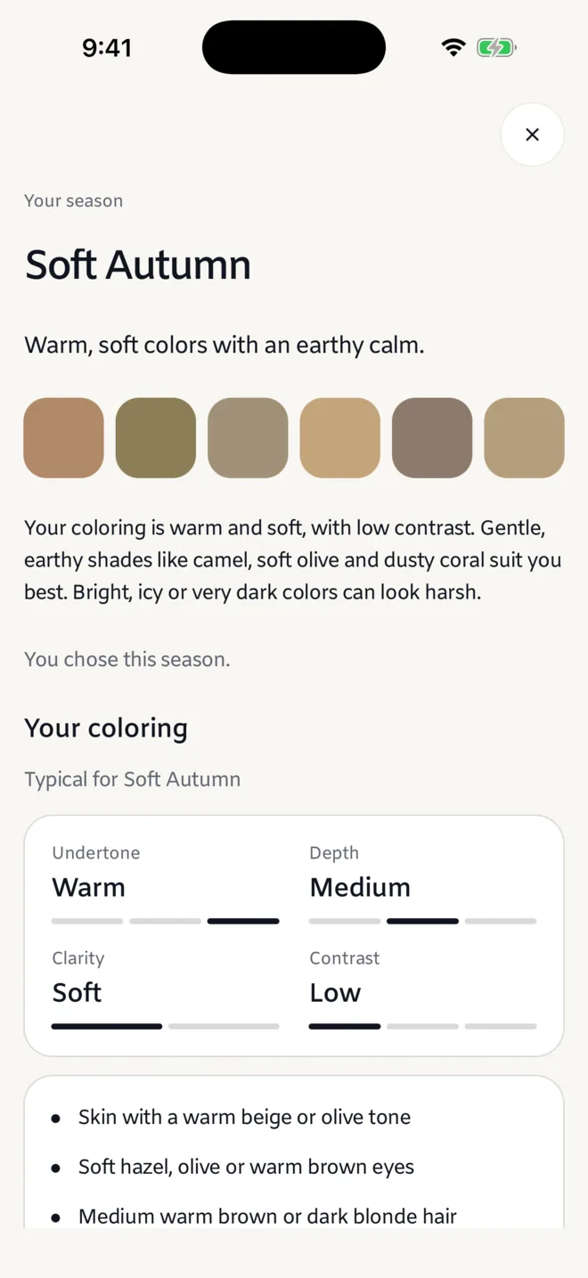 A color report in the app: Soft Autumn, its colors, and why they suit a warm, soft coloring.