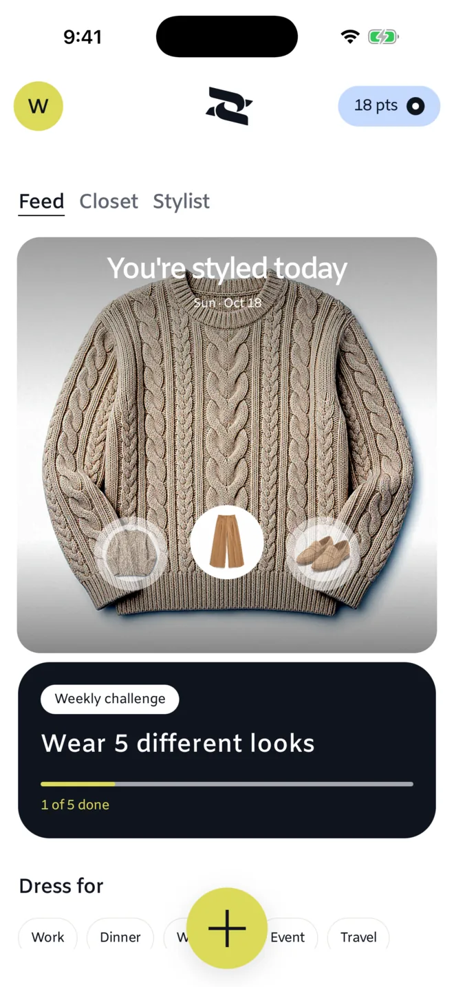 The Today screen in the app: today's outfit, a cream cable knit with camel trousers and camel suede loafers.